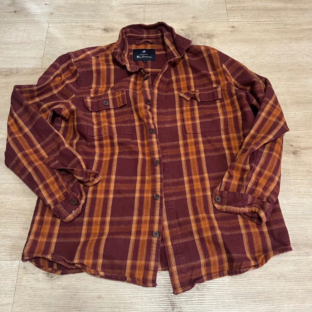 Ben Sherman Mens XL Plaid Red Orange Long Sleeve Flannel‎ Shirt Punk Blitz GBH